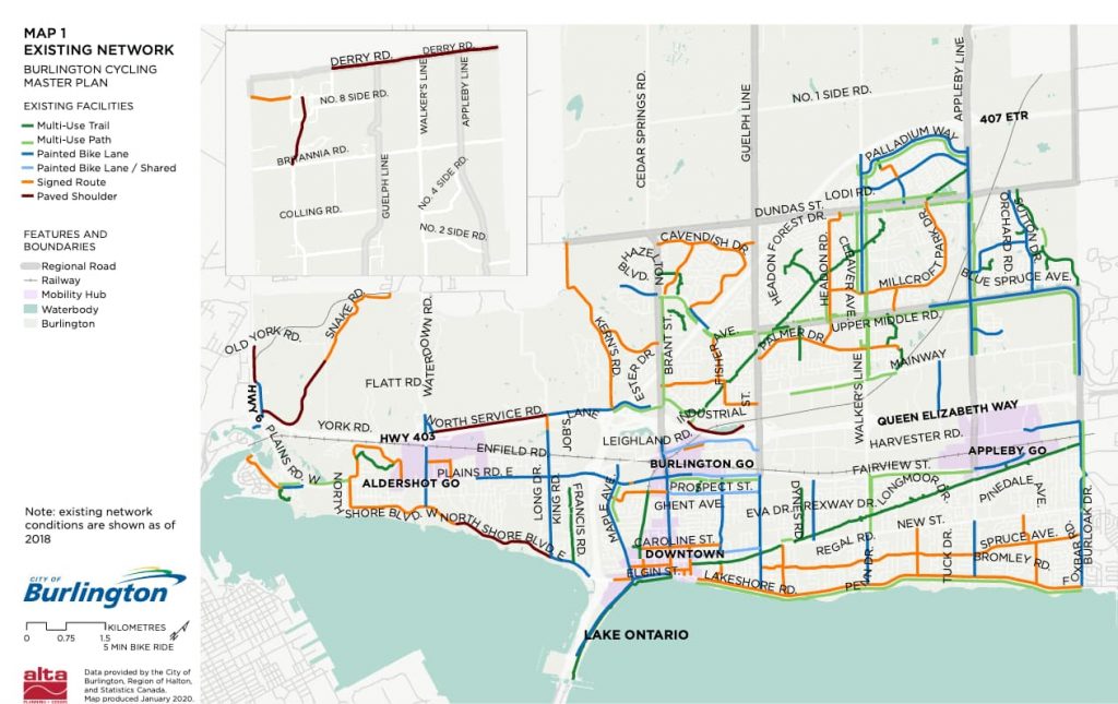 Existing cycling network in Burlington, ON.